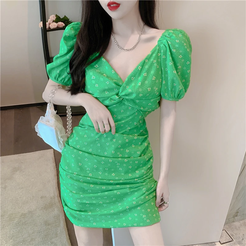 

Sexy High Street V-Neck Short Mini Dresses for Women Summer New Slim Waist Folds Puff Sleeve Chiffon Dress with Printing YOU534