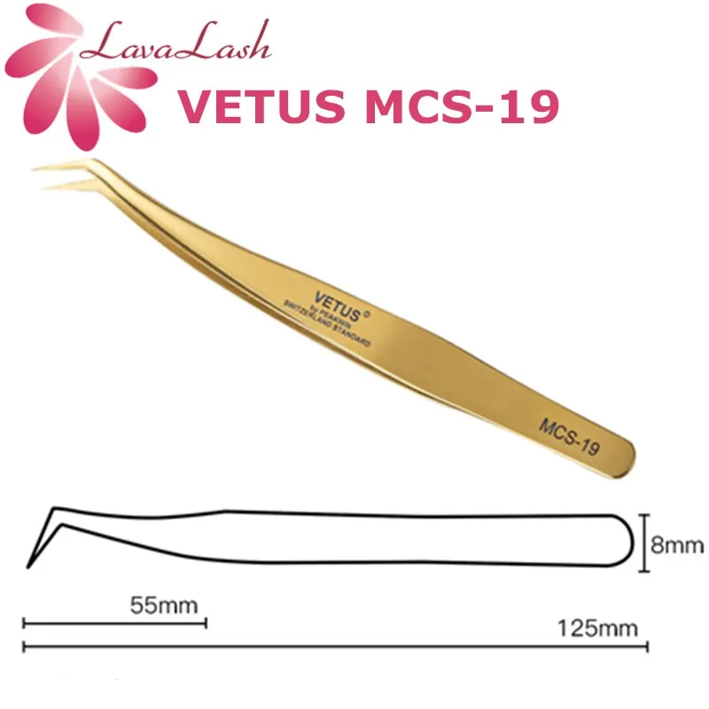 VETUS MCS-19 Eyelash Extension Tweezers Professional Stainless Steel False Eyelash Tweezers Non-magnetic 3D Golden tweezers