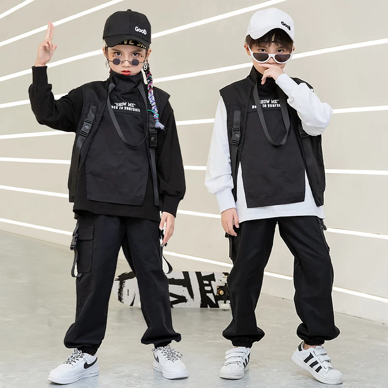 

Kids Ballroom Hip Hop dancing Clothing Sweatshirt High Neck Vest Tactical Cargo Pants Girl Boy Jazz Dance Costume Clothes wear