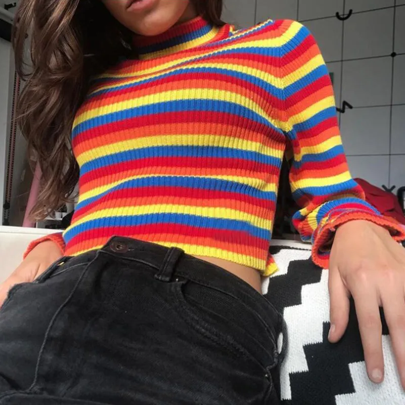 

Rainbow Stripes Pullover Women's Sweaters Long Sleeve Half High Collar Clothing Fashion Slim All-match Autumn Female Sweater New