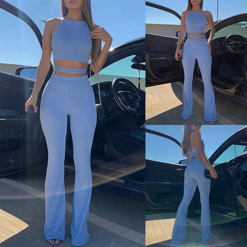 

Women High Waist Wide Leg Pants Ribbed Knitted Vitnage Flare Bell Bottom Skinny Trousers Solid Color Slim Streetwear