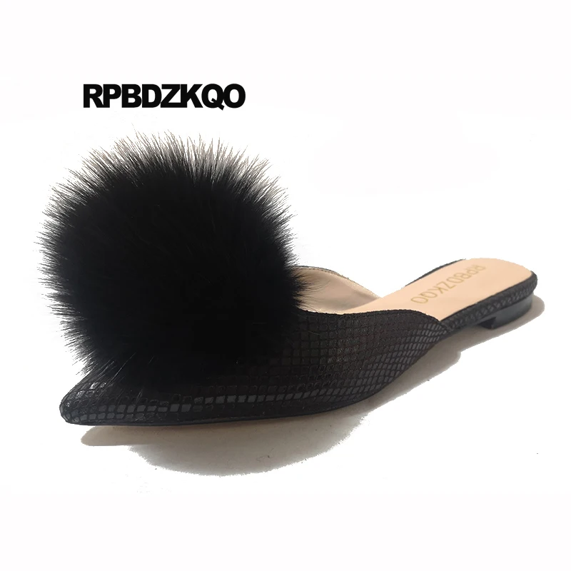 

синий сандалии Серебряный Остроконечные мулы мех Runway Дизайнерская обувь женская роскошь 2018 металлический домашние тапочки плоские Настоя...