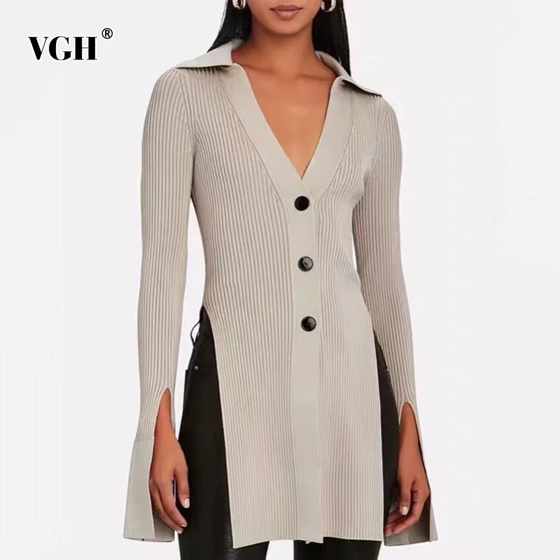 

VGH Gray Casual Slimming Sweaters For Women V Neck Long Sleeve Solid Side Split Cardigan Female 2022 Spring Fashion New Clothing