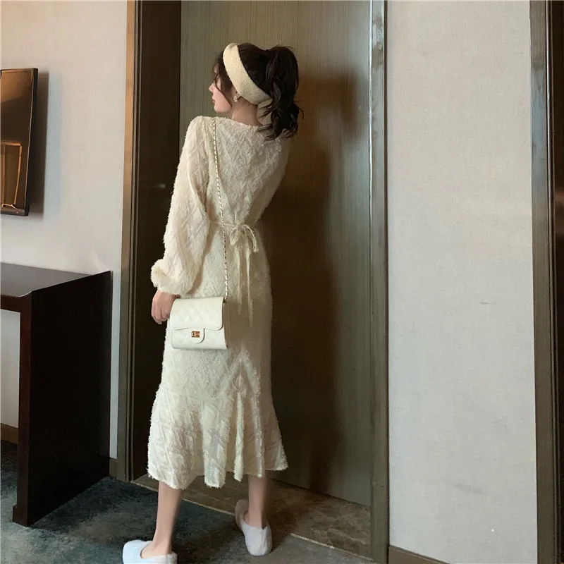 

Autumn Elegant Women Mermaid Dresses Lady Full Sleeve Long Beige Dresses Femme Evening Dress