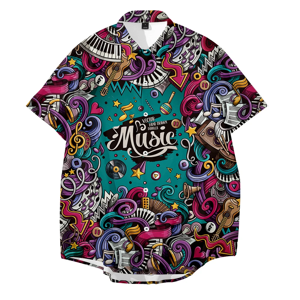 2021 Men's Shirts Men Hawaiian Casual Button Shirt Musical Psychedelic Graffiti Printed Short-sleeve Beach Blouses Tops Camicias