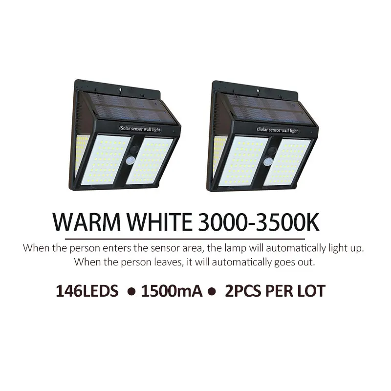 2pcs 146leds Warm 146 светодиодный светильник на солнечной батарее, уличный светильник на солнечной батарее, настенный светильник с датчиком движения PIR, водонепроницаемый светильник на солнечной батарее для украшения сада - Испускаемый цвет: 2pcs 146leds Warm