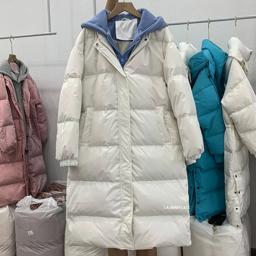 2022 New Winter Fake Two Piece Hooded Puffer Jackets Women White Duck Down Coat Female Thicken Warm Long Bread Jackets Overcoat