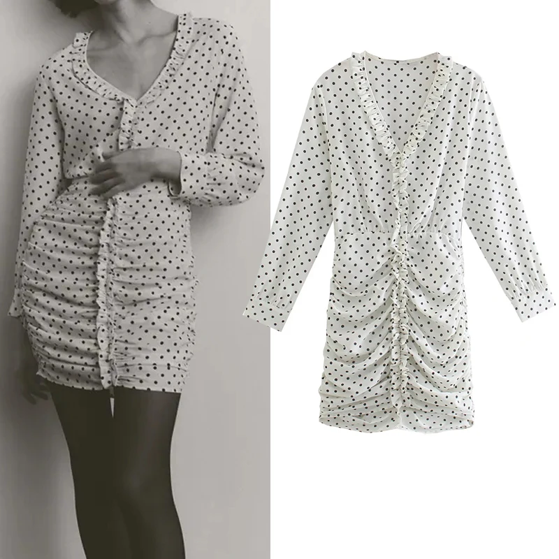 

Za Dress 2021 Woman Long Sleeve Polka Dot Bodycon Dress Autumn Elegant Ruffle Ruched Mini Club Party Dresses