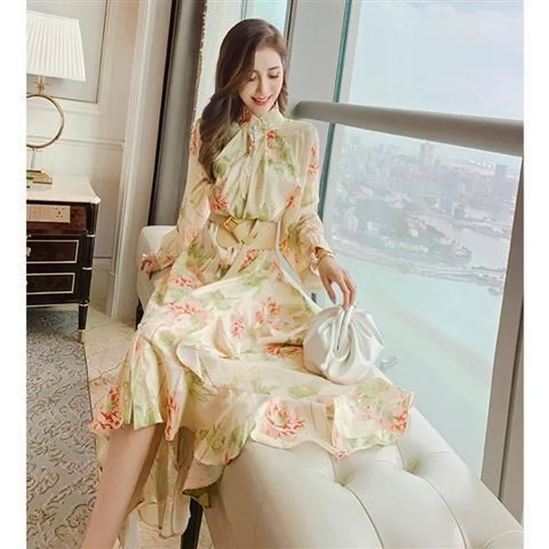 

New 2021 Spring Autumn Women Palace Style Elegant Printed Stand Collar Ruffle Irregular Mid-calf A-line Dresses with Belt Y362
