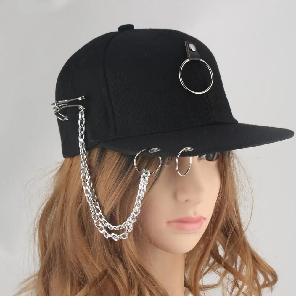 Хип хоп бейсбольная кепка Черная с боковой штифтой и цепочкой панк рок кольцо для