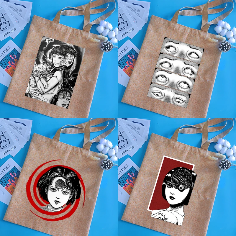 

Japanese Style Junji Ito Printed Casual Women Shopping Bag Linen Tote Bag Large-capacity Reusable Student All-match Shoulder Bag