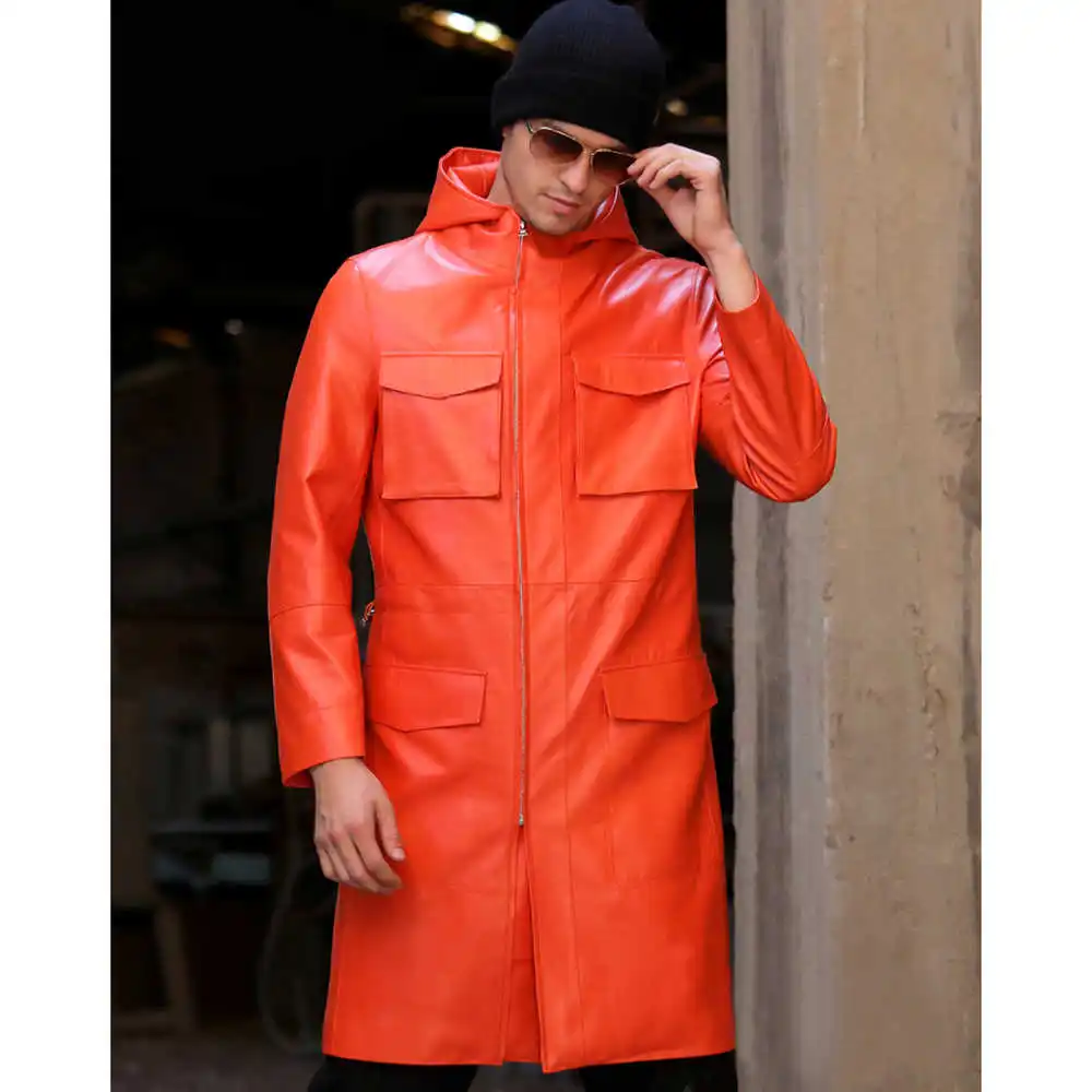 

Bright Yellow Fashion Long Leather Jacket for Men Spring Autumn Genuine Leather Clothing Hooded Sheepskin Leather Coat