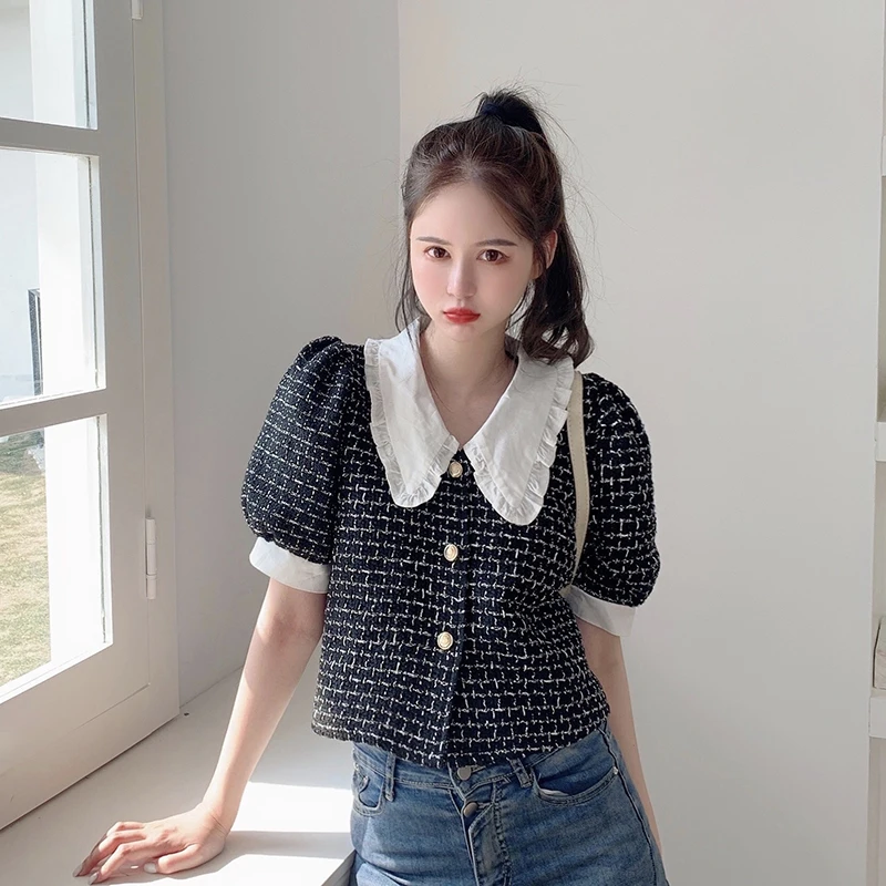 Элегантная клетчатая блузка для женщин короткий рукав укороченный топ