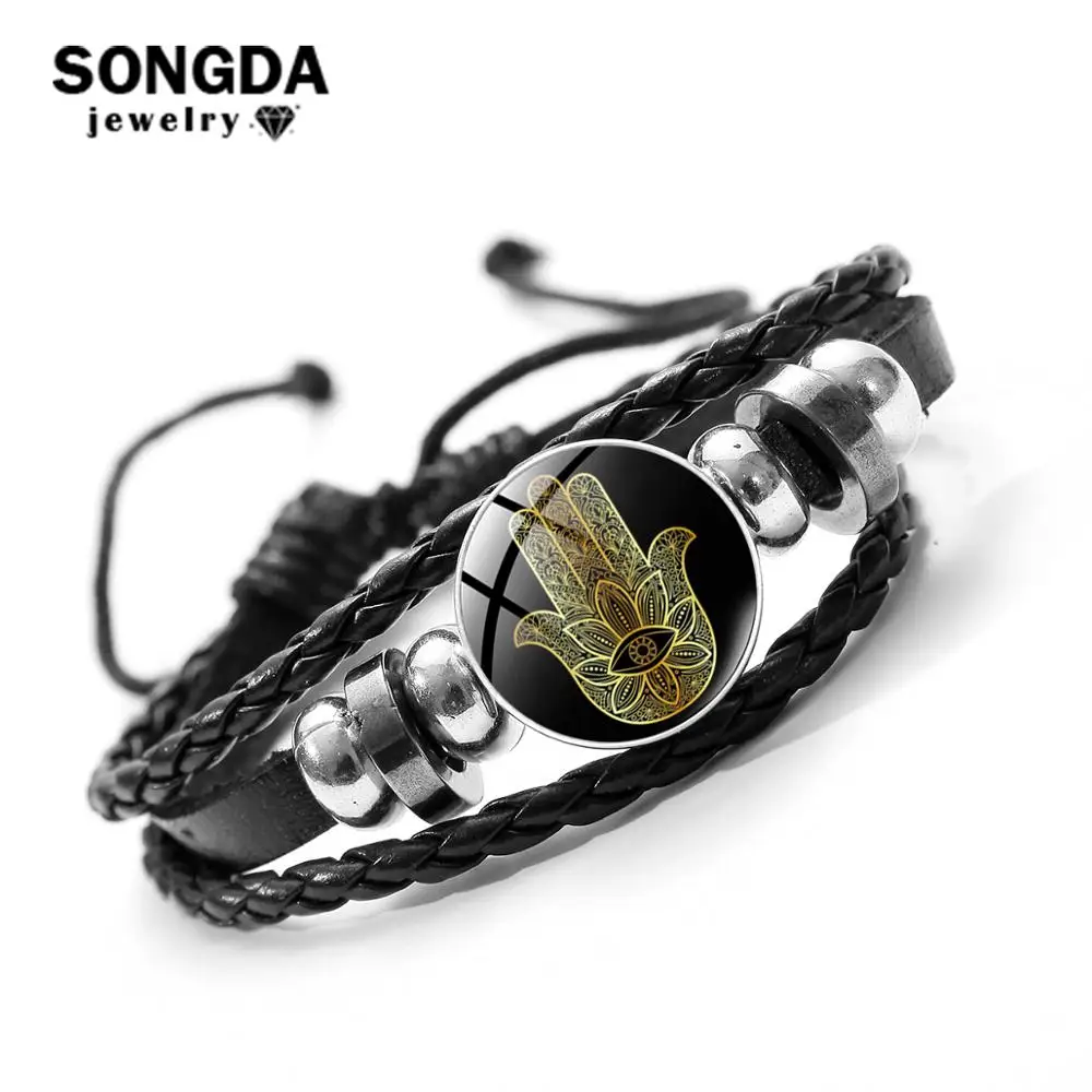 

SONGDA Hand of Fatima Hamsa Bracelet Turkish Evil Eye Folk Art Pattern Glass Round Snap Button Leather Bracelet Amulet Jewelry