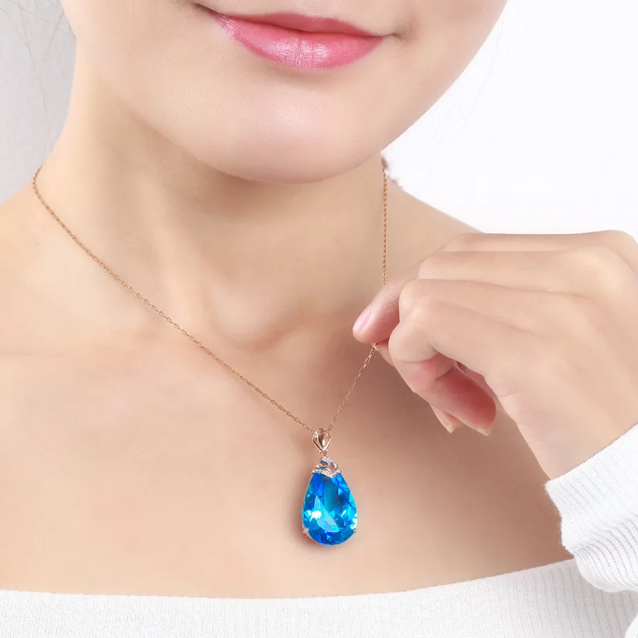 

COLOR TREASURE SERIES INLAID WITH SEA BLUE TOPAZ STONE WATER DROP PEAR SHAPED PENDANT FEMALE EUROPEAN AND AMERICAN NECKLACE