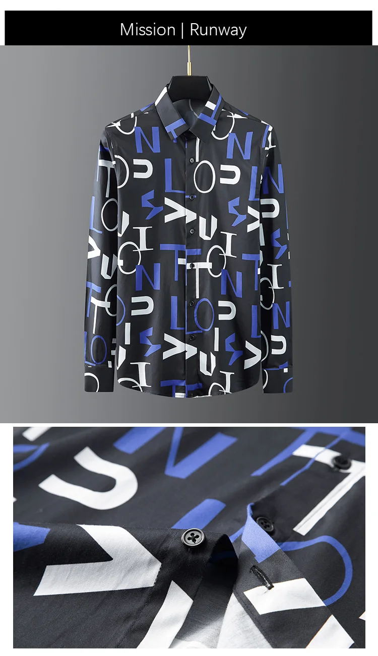 

hawaiian shirt High-quality whole body messy letters digital cotton direct-injection printing men's slim long-sleeved shirt 2021