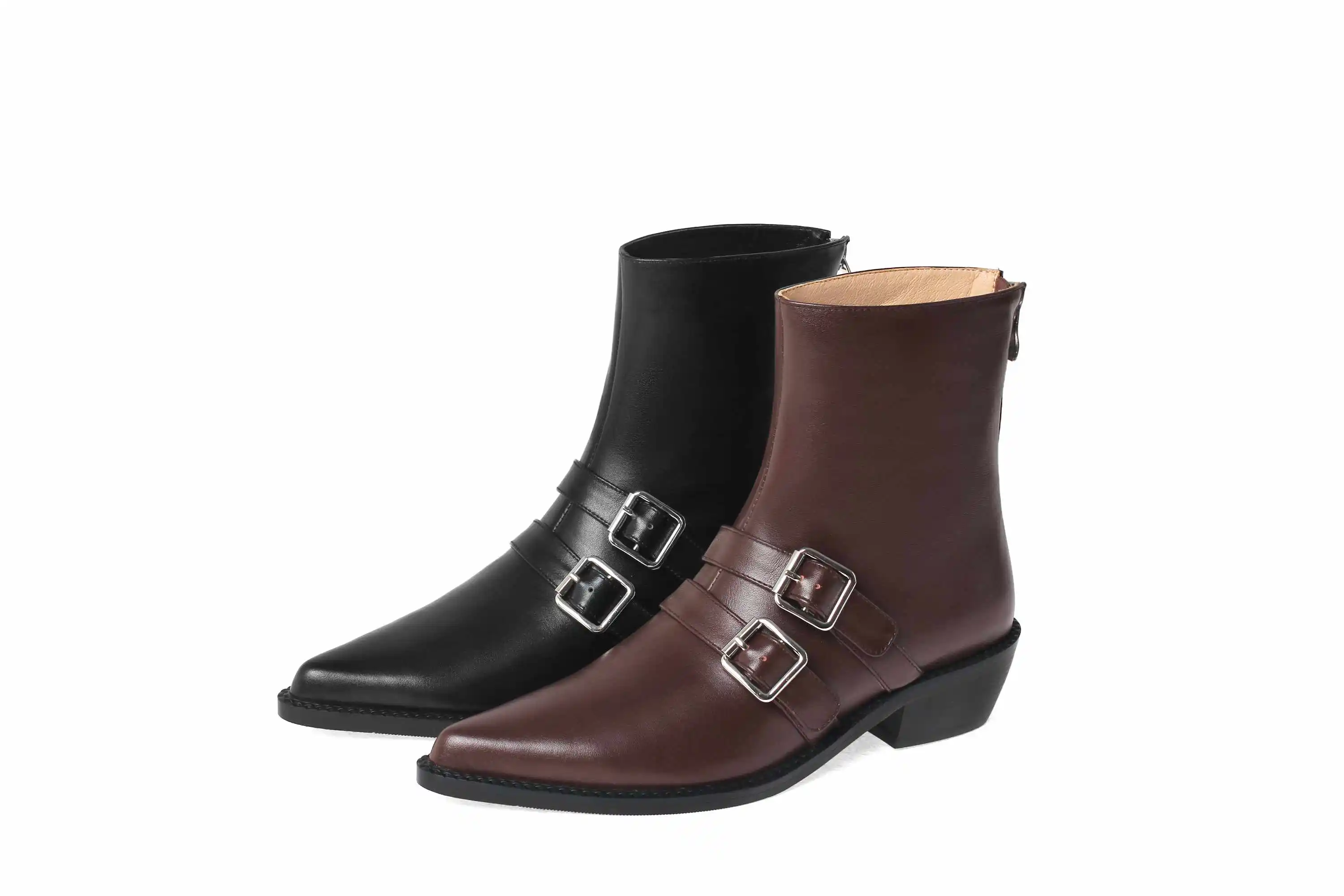 

krazing pot european style real leather buckle decorations pointed toe thick med heel zipper gorgeous superstar ankle boots L38