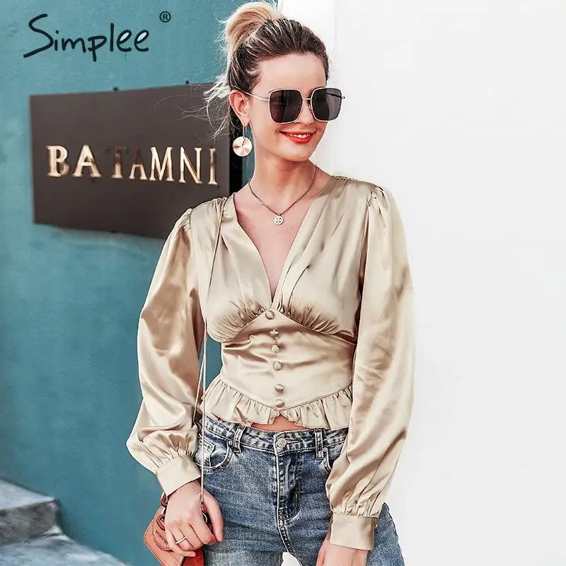 Simplee я атласная рубашка с v-образным вырезом для женщин блузка короткими рукавами