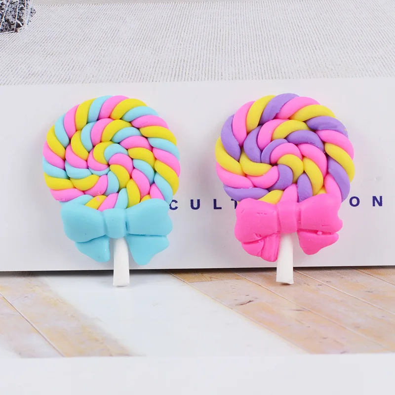 

10PCS 27X38M Kawaii Soft Clay Rainbow Lollipop Cabochons Handmade Resin Material DIY Hair Bow Decorative Phone Decoration Slime