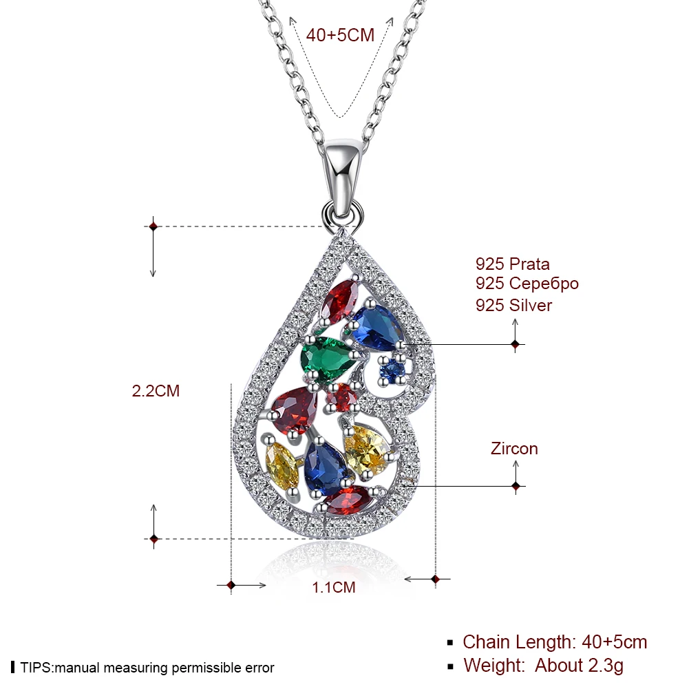 SILVERHOO 925 Sterling Silver Water Drop Shape Pendant Necklaces For Women Colorful Cubic Zircon Necklace Charms Silver Jewelry