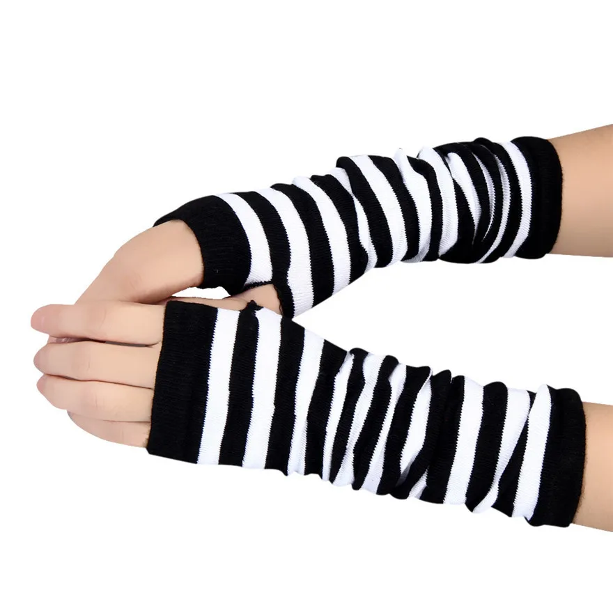 

Winter Fashion Striped Arm Warmers Knitted Female Wrist Hand Warmer Pure Color Long Fingerless Gloves Mitten Women Sleeves