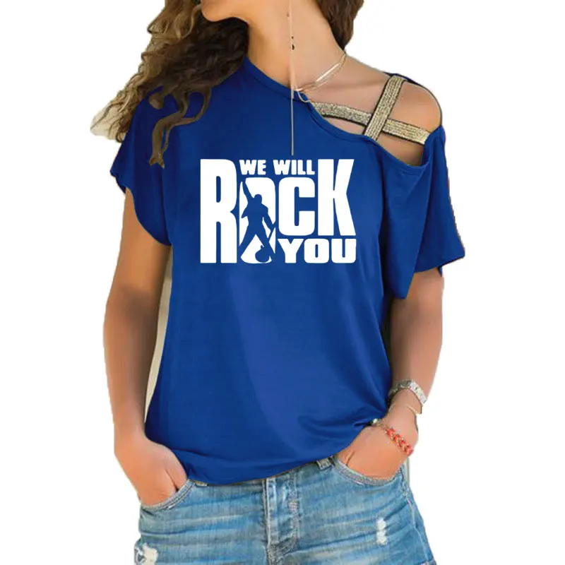 We Will Rock You, женская футболка, летняя, queen, рок-группа, футболка, короткий рукав, хлопок, рок-ролл, для женщин, с неровным перекосом, крест, топы - Цвет: 12