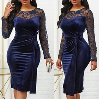 long sleeve dress party dress bodycon sexy women see through lace patchwork ruched party dress