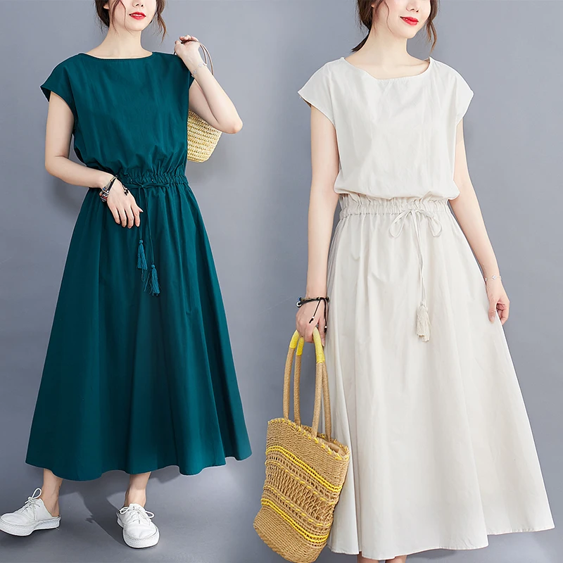 

summer new women 's pure color short sleeve loose literary dresses