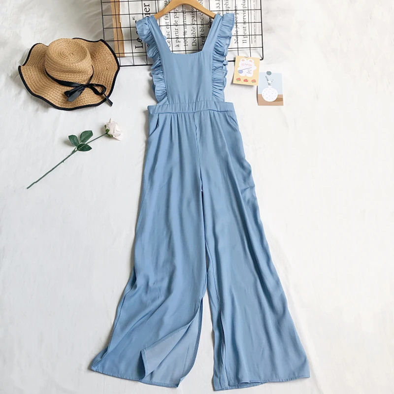 

Fitaylor New Female Summer Casual Edible Tree Fungus Wide Leg Jumpsuits Loose Fashion High Waist Solid Color Blue Overalls Pants