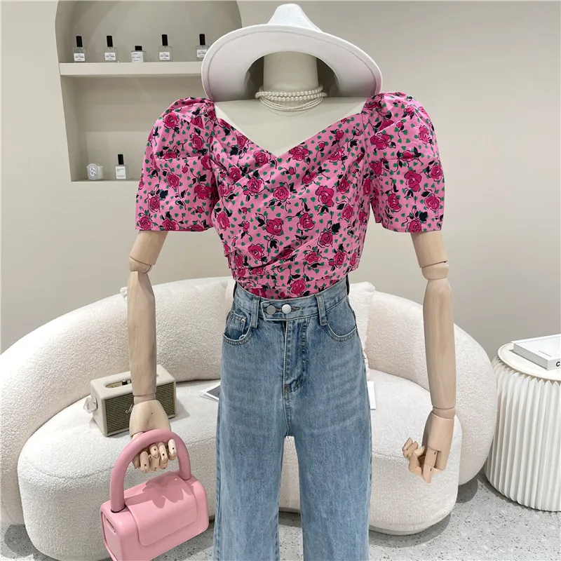 

New Women's Clothing Summer 2021 Fashion Boat neck Vintage printed zipper shirt temperament Puff sleeve top