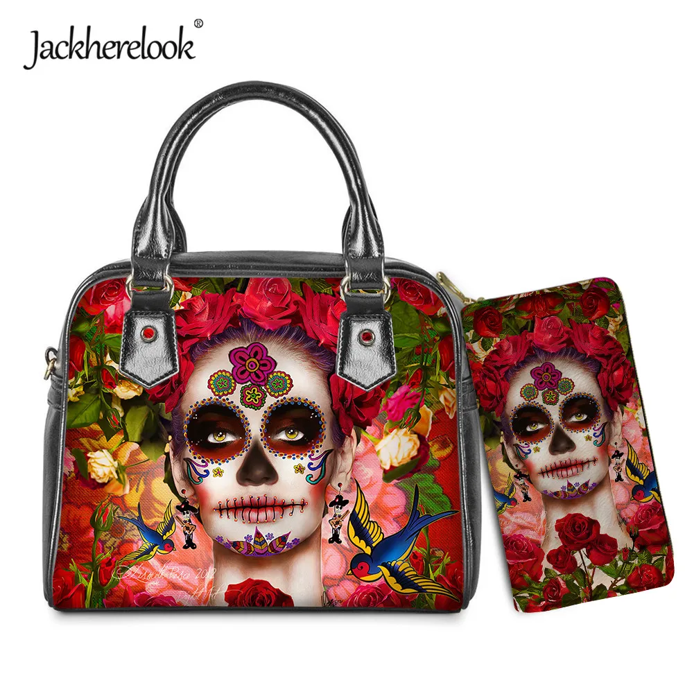 

Jackherelook Gothic Skull Girl & Rose Print Shoulder Bag for Women Luxury PU Hand Bag Wallet 2pcs/Set Ladies Messenger Bag bolso