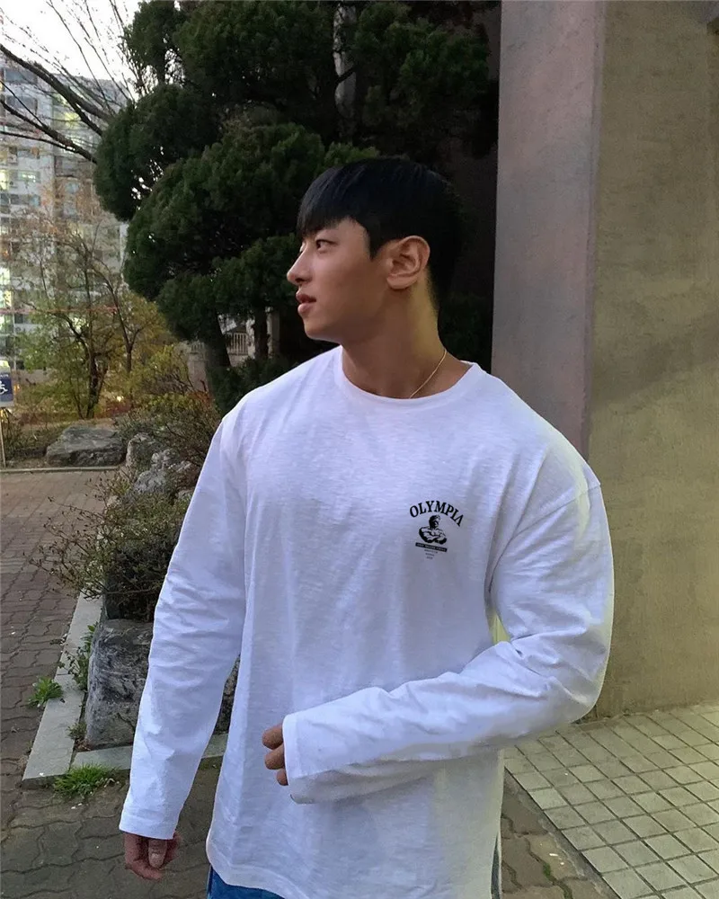 

New Men Loose Gyms Long Sleeve Shirts Spring Casual Fashion Printed T-shirt Male Fitness Black Tee Shirt Tops Brand Clothing2021