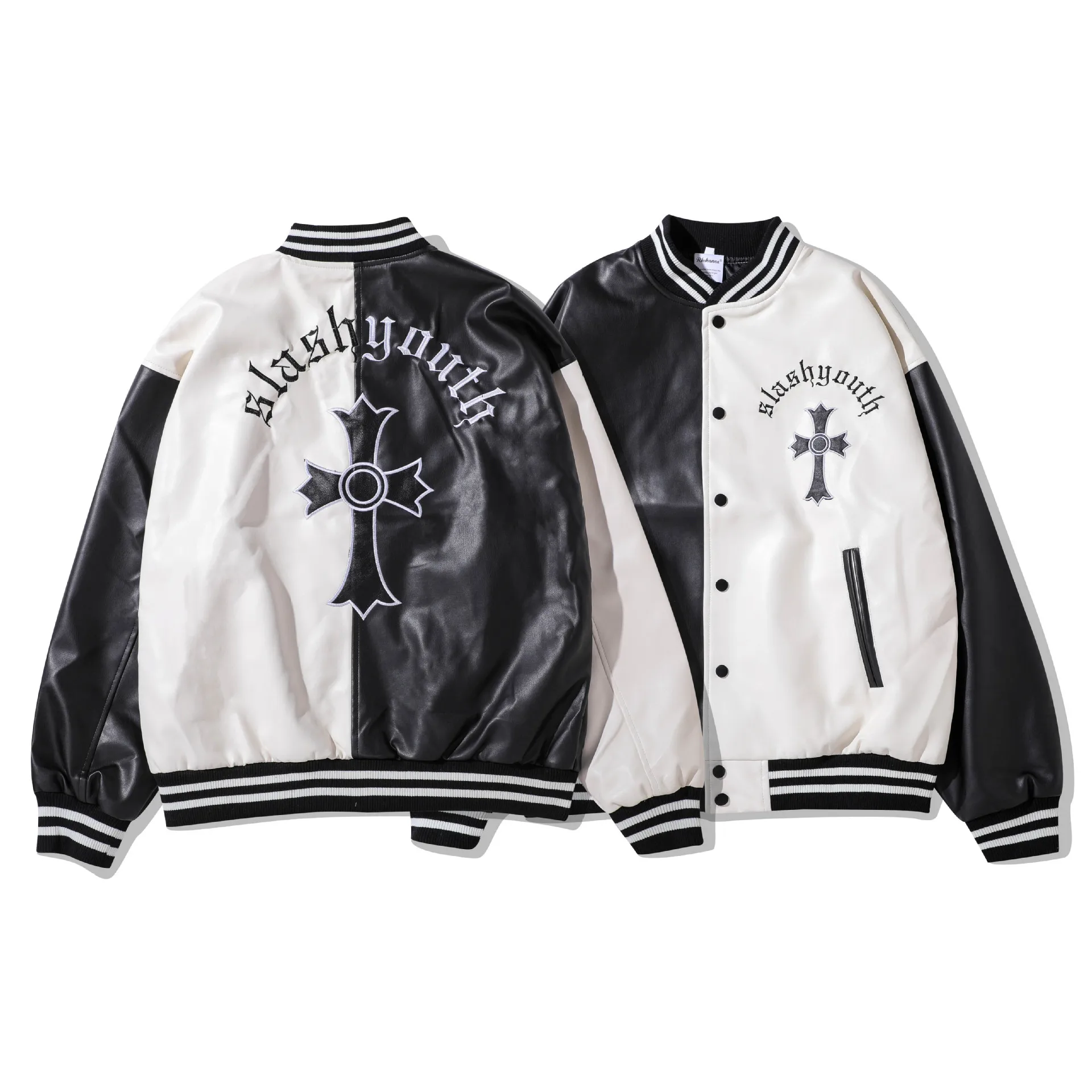 

Autumn High Street embroidered cross coat, male and female vintage patchwork baseball jacket, leather jacket