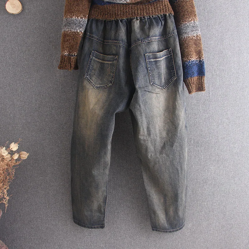 Женские джинсы с эластичной резинкой на талии повседневные свободные цветочной