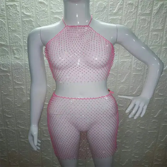 as PARAKINI Sparkly Crystal Diamonds Bikini Beach Women Dress Beach Cover Up Dresses Fishnet Cropped Top Two Pieces Set Beach Dress - Color: as