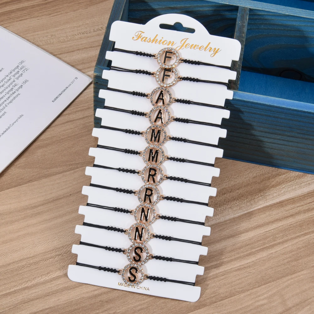 12 pieces Hollow Round Letter Charm Bracelet Set For Kid Handmade Adjustable Alphabet Rhinestone Wristband Women Fashion Jewelry | Украшения