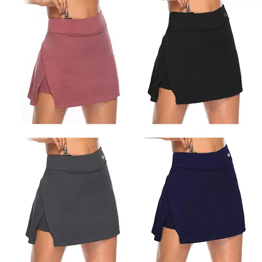 

Women Irregular Slitting Hem Fake Two Piece Elastic Sports Shorts Mini Skirt