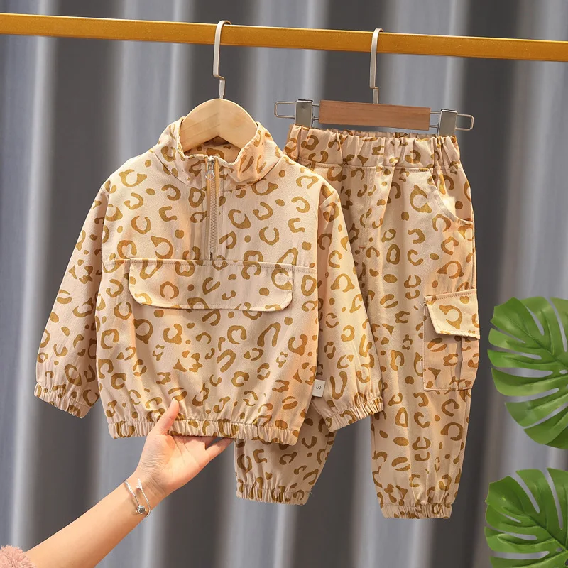 

Baby Boy Spring Autumn Set 2021 New Children's Overalls Fashion Leopard Print Long Sleeve Top Coat + Trousers Girl Clothes Set