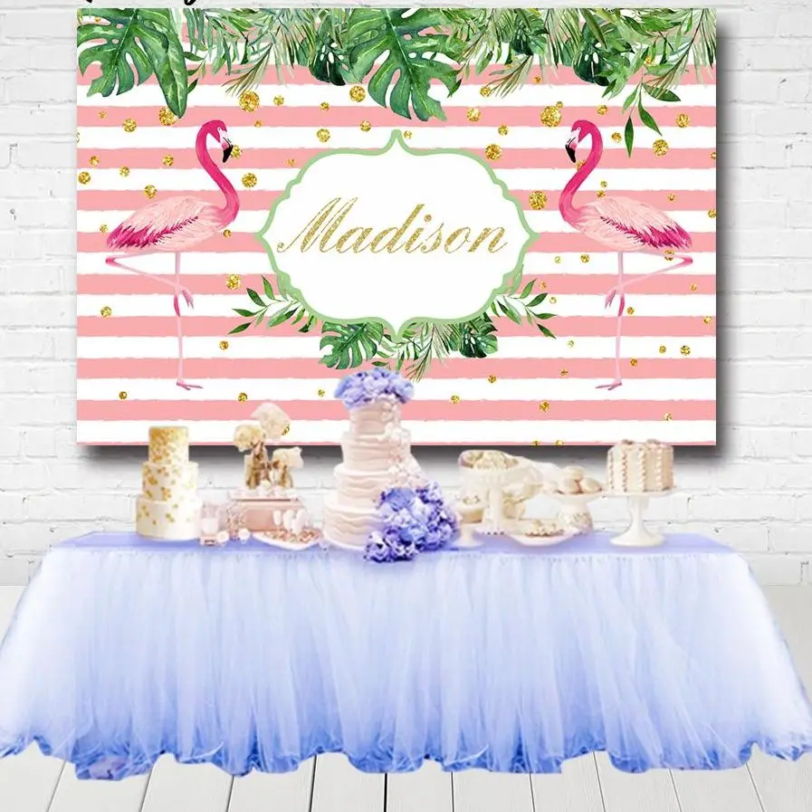 

Pink Flamingo Party Backdrops Green Tropical Leaves Stripes Gold Glitter Dots Girls Birthday Photography Backgrounds