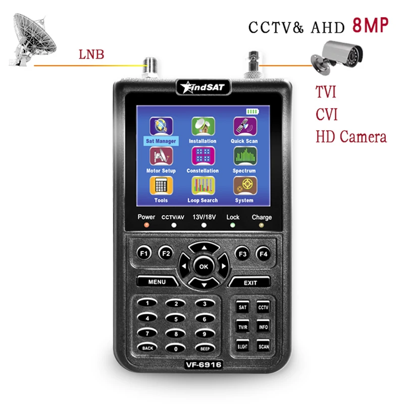 VF 6916 DVB S2 S спутниковый Finder с CCTV 8MP AHD 4000mA Батарея MPEG4 Sat метр 3 5 дюймов ЖК дисплей HD