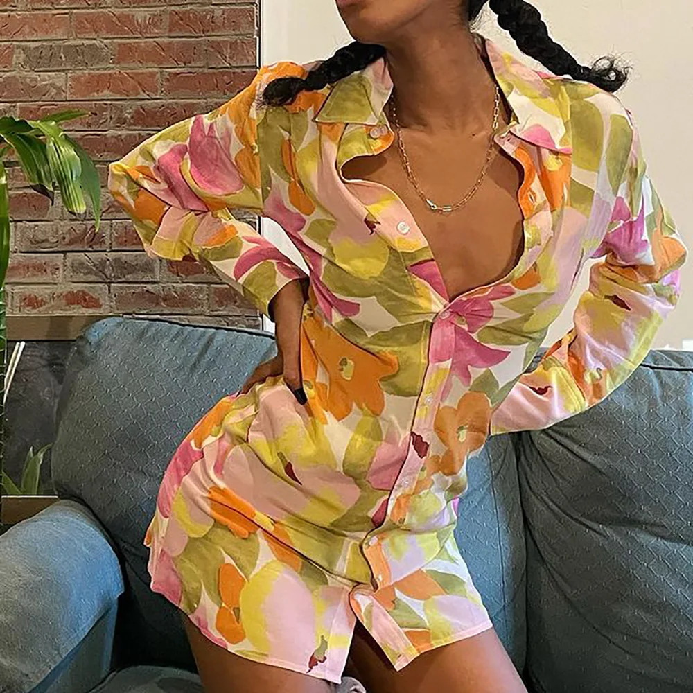 

Sexy Long Sleeve Shirt Dress Women Bodycon Floral Print Dresses V Neck Summer Beach Casual Party Dresses Vestido De Mujer