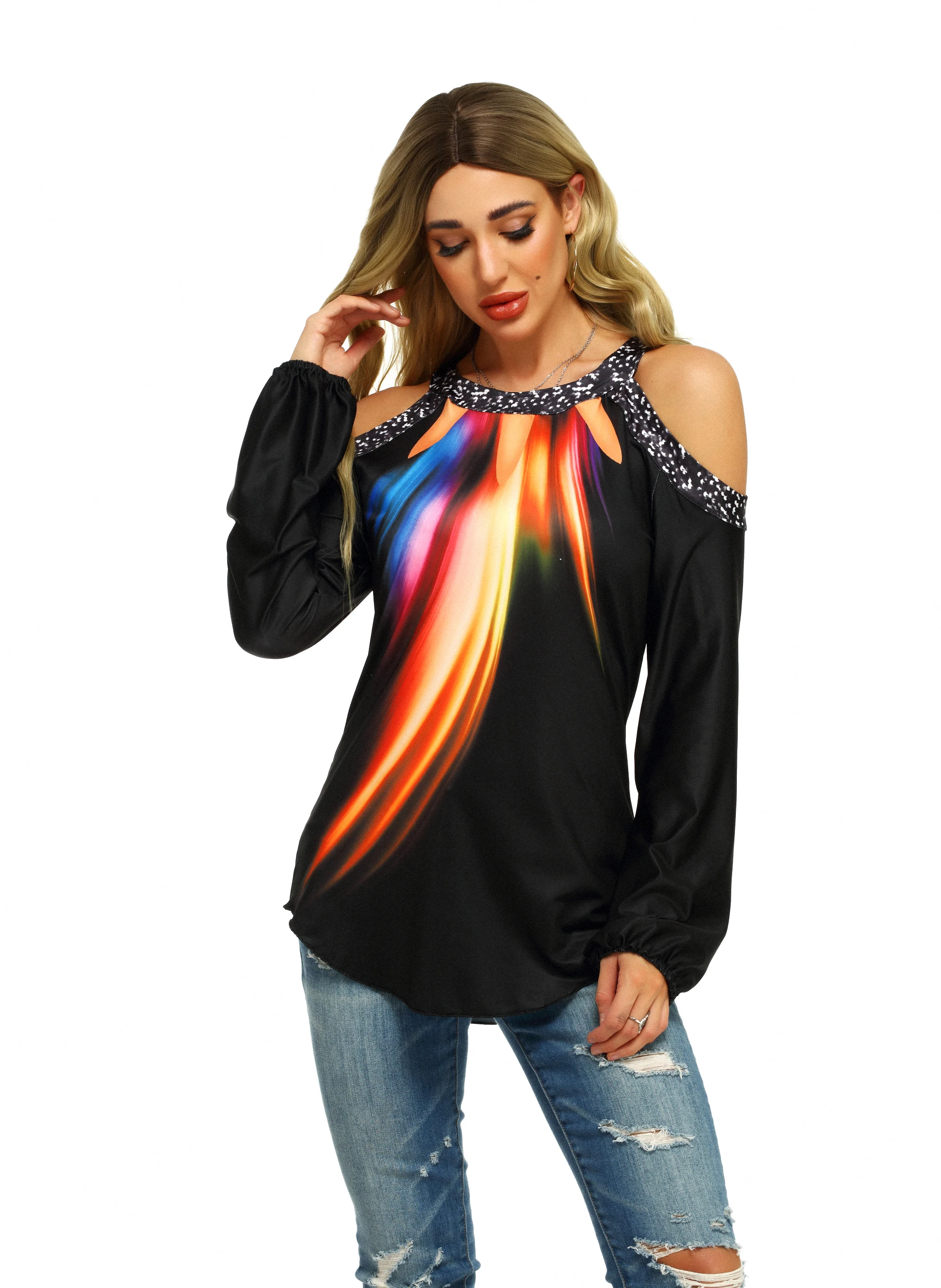 С открытыми плечами Сексуальная черная футболка для женщин Северное сияние