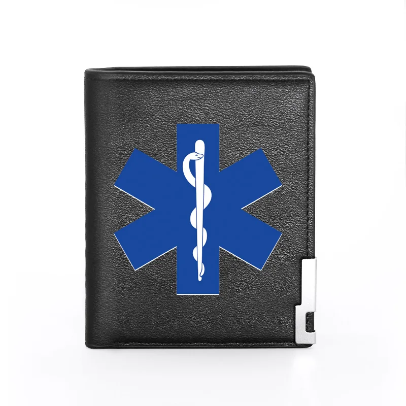 

Fashion EMT Emergency Medical Technician Printing Black Leather Wallet Men Women Bifold Credit Card Holder Short Purse Male