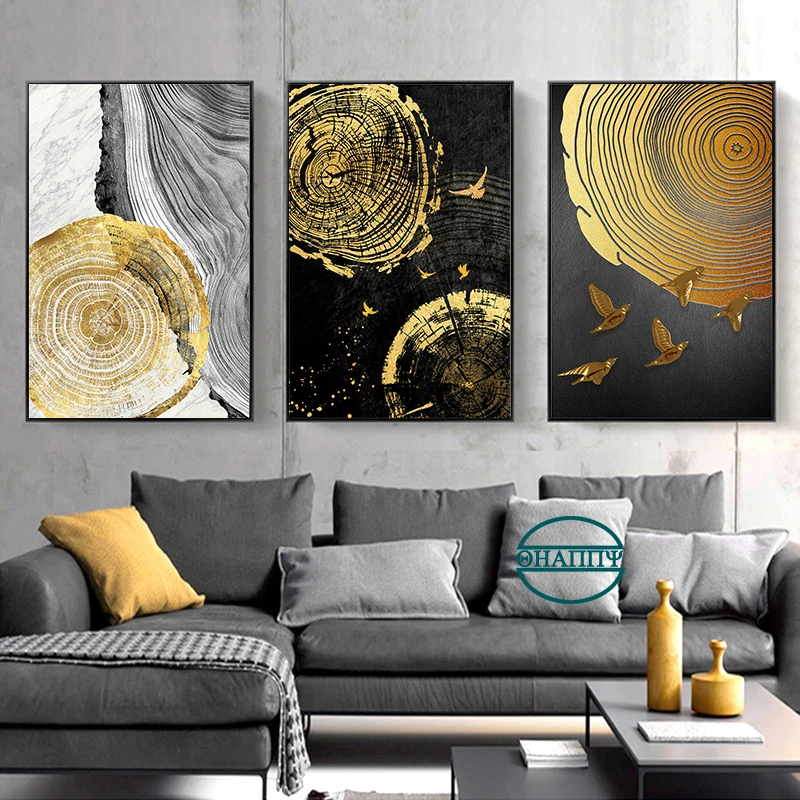 

Tree Growth Ring Abstract Art Element Black Golden Wall Art Canvas Painting Wall Pictures For HomeLiving Decor picture Unframed
