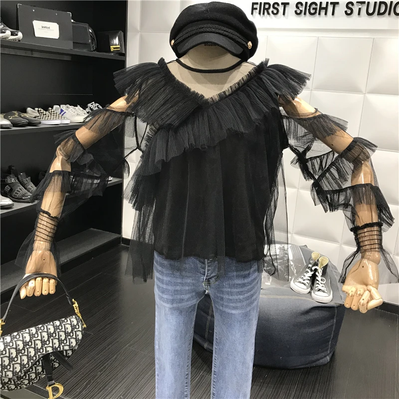 Женская шифоновая блузка ALPHALMODA с длинными рукавами и V-образным вырезом оборками