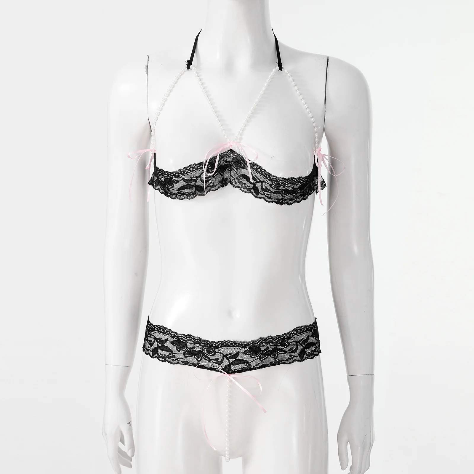 

Женское нижнее белье с искусственным жемчугом, костюм, нижнее белье, без подкладки, бюстгальтер без косточек с Т-образными трусиками, прозра...