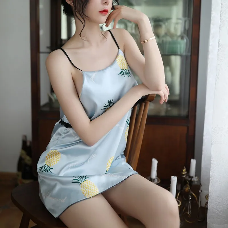 

Sexy Women Floral Print Sling Night Dress Fake Two-piece Mini Night Dress Blue Sleeveless Nightdress