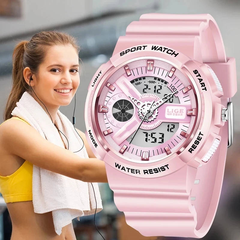 

LIGE Top Brand Pink Women's Watches 50M Waterproof Sports Wristwatch Ladies Quartz Watch Swimming Reloj Mujer Relogio Feminino