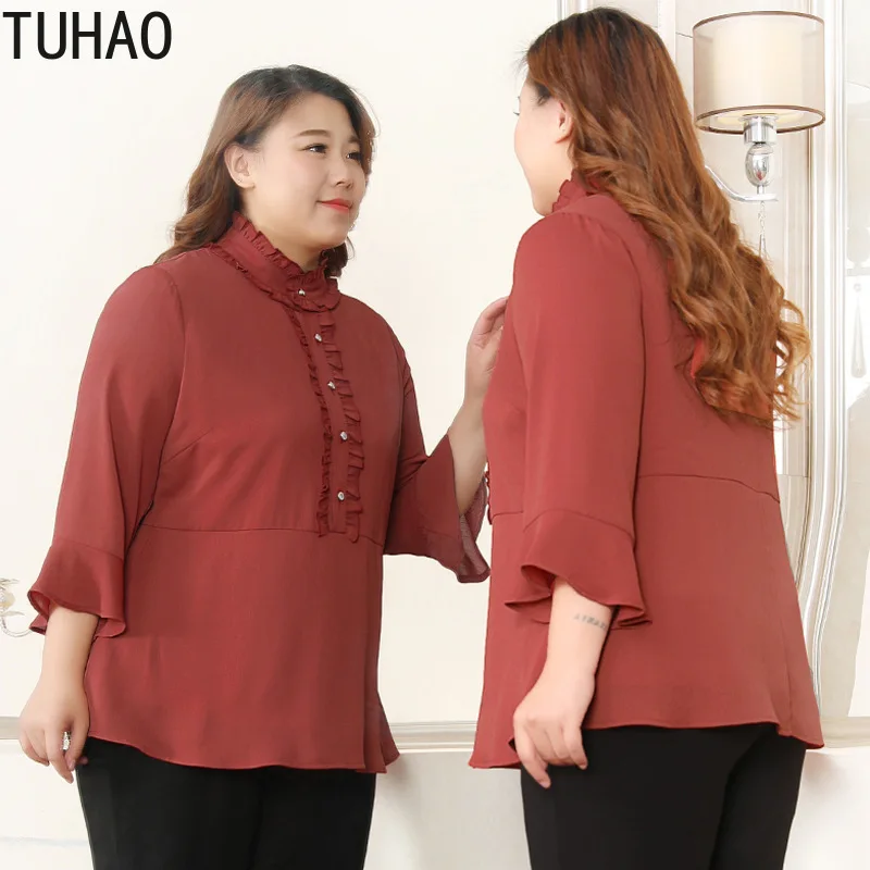 

TUHAO Spring Summer Elegant Women Work Blouse Plus Size 10XL 9XL 8XL Flare Sleeve Ruffles Office Lady Blouses Shirts Tops