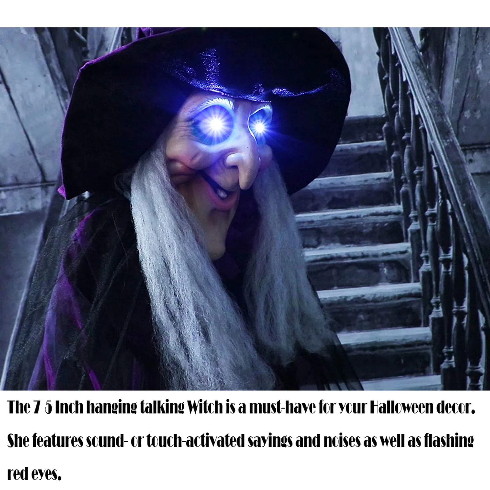 

Halloween Decor Animated Purple Witch Hanging House Prop Decorations LED Eyes Accessories Props Haunted House Bar Club Party